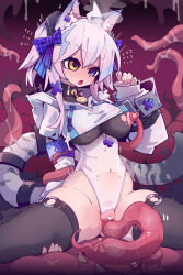 1girl @_@ absurdres animal_ear_fluff animal_ears black_thighhighs blue_eyes blue_hair bow breasts cameltoe cat_ears cat_girl cat_tail chinese_commentary commentary_request covered_erect_nipples covered_navel cropped_jacket egg_implantation egg_laying fang flying_sweatdrops hair_bow heterochromia highleg highleg_leotard highres imazawa jacket large_breasts leotard long_sleeves medium_hair nipple_stimulation nipple_tweak o-ring open_mouth original ovipositor paid_reward_available paw_pose pink_hair plaid_bow purple_bow solo stomach_bulge tail tentacle_sex tentacles thighhighs vaginal variant_set white_jacket white_leotard yellow_eyes
