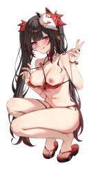 Rule 34 | 1girl, :q, absurdres, adapted costume, armpit crease, bare legs, bikini, bikini top pull, black choker, blush, breasts, brown hair, choker, circle facial mark, closed mouth, collarbone, commentary request, fingernails, flower tattoo, fox mask, full body, hair between eyes, hair ribbon, hand up, highres, hizuki higure, honkai: star rail, honkai (series), legs, long hair, looking at viewer, mark under both eyes, mask, mask on head, medium breasts, multicolored hair, nail polish, navel, nipples, pink eyes, red bikini, red nails, red ribbon, ribbon, sandals, shoulder tattoo, simple background, smile, solo, sparkle (honkai: star rail), squatting, stomach, strap lift, streaked hair, sweat, swimsuit, tattoo, thighs, toenails, toes, tongue, tongue out, twintails, v, very long hair, white background