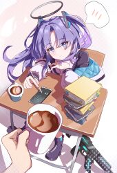 1girl absurdres black_coat black_footwear blazer blue_archive blue_eyes blush book book_stack boots chair chinese_commentary coat coffee collared_coat commentary cup desk disposable_cup gun halo highres holding holding_cup holding_stylus jacket long_hair long_sleeves looking_at_viewer mug ningmeng_zizi on_chair open_clothes open_jacket out_of_frame parted_bangs pda phone pink_background polka_dot polka_dot_background pov pov_hands purple_hair school_chair school_desk shadow sig_mpx silhouette sitting solo_focus spoken_blush stylus submachine_gun two-sided_fabric two-sided_jacket two_side_up weapon weapon_on_floor white_jacket yuuka_(blue_archive)