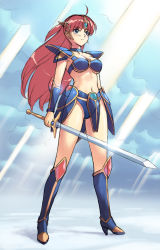 1girl armor bikini_armor blue_boots blue_eyes boots breasts choker cleavage cloud day female_focus full_body holding holding_sword holding_weapon knee_boots lena_brand light_rays long_hair medium_breasts midriff mugen_senshi_valis navel outdoors pauldrons red_hair see-through_clothes serious shiny_skin shoulder_armor sketch sky solo standing sunbeam sunlight sword telenet_japan tiara uchiu_kazuma valis valis_iv valis_sword weapon