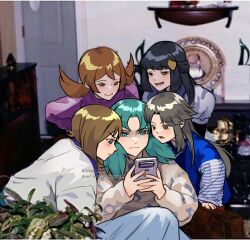 5girls ariekochan black_hair blue_eyes blue_hair blush breasts brown_eyes brown_hair closed_mouth dawn_(pokemon) game_boy hair_ornament hairclip handheld_game_console highres holding hood hoodie kris_(pokemon) leaf_(pokemon) leaning_forward long_hair long_sleeves lyra_(pokemon) may_(pokemon) multiple_girls nintendo open_mouth pants playing playing_games pokemon pokemon_dppt pokemon_frlg pokemon_gsc pokemon_hgss pokemon_rse purple_shirt shirt sitting smile twintails
