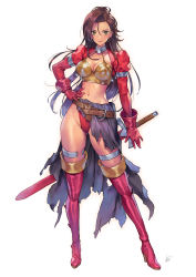 1girl absurdres aira_(dq7) boots breasts brown_eyes brown_hair cleavage crop_top dragon_quest dragon_quest_vii gloves groin hair_between_eyes hand_on_own_hip high_heel_boots high_heels highres jewelry large_breasts lipstick long_hair looking_at_viewer makeup matsuda_(matsukichi) midriff navel pink_lips red_boots red_gloves scabbard sheath sheathed shrug_(clothing) simple_background smile solo stomach sword thigh_boots thighlet thighs very_long_hair weapon white_background