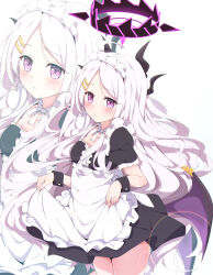 1girl absurdres alternate_costume apron black_dress black_halo blue_archive breasts closed_mouth commentary_request demon_girl demon_horns demon_wings dress enmaided frilled_apron frilled_hairband frills hairband halo highres hina_(blue_archive) horns kame_(nokonoko10271) light_frown long_hair maid maid_apron maid_headdress purple_eyes simple_background skirt_hold small_breasts standing very_long_hair white_apron white_background white_hair white_hairband wings zoom_layer