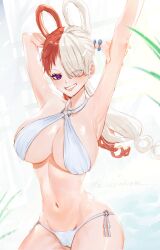1girl absurdres alternate_costume armpits arms_up asymmetrical_bangs bare_shoulders bikini bracelet breasts cleavage cowboy_shot criss-cross_halter groin hair_over_one_eye hair_rings halterneck hand_on_own_arm highres jewelry large_breasts long_hair looking_at_viewer multicolored_hair navel o-ring o-ring_bikini o-ring_bottom o-ring_top one_piece one_piece_film:_red parted_lips red_hair sc_scandium side-tie_bikini_bottom solo stomach swimsuit twitter_username two-tone_hair uta_(one_piece) white_bikini white_hair