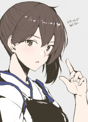 1girl arm_up artist_name brown_eyes brown_hair dated grey_background hair_between_eyes highres index_finger_raised kaga_(kancolle) kantai_collection looking_at_viewer muneate one-hour_drawing_challenge open_mouth short_sidetail side_ponytail simple_background solo taira_yuuki upper_body