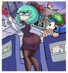 2girls aircraft airplane ass bag ball blue_hair bowling_ball box brown_pantyhose brown_skirt front_ponytail gap_(touhou) green_eyes green_hair green_hat hair_bobbles hair_ornament hair_ribbon hat highres kagiyama_hina kawashiro_nitori kevin_arthur mimi-chan multiple_girls newsboy_cap open_mouth pac-man_(game) pants pants_under_skirt pantyhose ribbon saigyouji_yuyuko serious shanghai_doll skirt sticker tongue tongue_out touhou travel_attendant