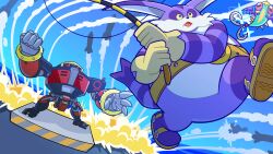 animal_ears belt big_the_cat blue_sky cat_ears cat_tail e-123_omega egg_pawn fishing_rod furry furry_male gloves hayane_tomoko highres holding holding_fishing_rod hook male_focus mechanical_arms mechanical_legs missile official_art outdoors sandals sky sonic_(series) sonic_heroes tail third-party_source