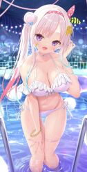 Rule 34 | airani iofifteen, bikini, bracelet, breasts, cleavage, collarbone, gold bracelet, green ribbon, grey hair, hair bun, hair ribbon, hololive, hololive indonesia, jewelry, multicolored ribbon, navel, night, night sky, open mouth, paint splatter, paint splatter on face, palette hair ornament, pink ribbon, polka dot, polka dot ribbon, pool, pool ladder, purple eyes, ribbon, side-tie bikini bottom, sky, smile, striped ribbon, swimsuit, thigh strap, virtual youtuber, water, wet, yano mitsuki (nanairo)