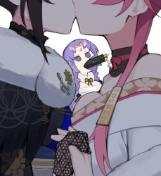 Rule 34 | 3girls, asymmetrical docking, black choker, black gloves, black hair, black kimono, blonde hair, breast press, breasts, chest sarashi, choker, colored inner hair, commentary, dasdokter, eating, english commentary, feather-trimmed kimono, food in mouth, fur scarf, furisode, gloves, head out of frame, holding hands, hololive, hololive english, japanese clothes, kimono, kiss, lace, lace gloves, large breasts, long hair, long sidelocks, moona hoshinova, moona hoshinova (new year), multicolored hair, multiple girls, nerissa ravencroft, nerissa ravencroft (new year), off shoulder, official alternate costume, official alternate hairstyle, pink hair, purple eyes, purple hair, raora panthera, raora panthera (new year), sarashi, scarf, sidelocks, simple background, two-tone hair, virtual youtuber, white background, white kimono, white scarf, yuri