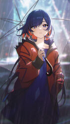 1girl absurdres blue_dress blue_eyes blue_hair colored_inner_hair dress earrings highres holding holding_umbrella jacket jewelry kamitsubaki_city_under_construction long_hair long_sleeves looking_at_viewer multicolored_hair rain red_hair red_jacket rim_(kamitsubaki_studio) shali solo umbrella virtual_youtuber