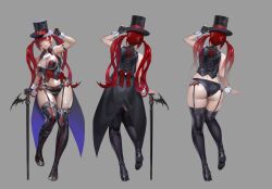 Rule 34 | 1girl, 2022, absurdres, adjusting clothes, adjusting headwear, arm strap, ascot, ass, bat ornament, black boots, black gloves, black hat, black jacket, black panties, black shirt, black thighhighs, blue eyes, blunt bangs, boots, bow, breasts, cane, cleavage, commentary, concept art, contrapposto, facial tattoo, female focus, fingerless gloves, from behind, garter straps, gloves, green eyes, grey background, hat, hat tip, head tilt, heterochromia, highres, holding, holding cane, huge ass, jacket, large breasts, light smile, long hair, midriff, multicolored jacket, navel, numericgazer, official art, ohayosayonara, open clothes, panties, red bow, red hair, red jacket, red nails, revealing clothes, shiny skin, shirt, sleeveless, sleeveless jacket, solo, standing, standing on one leg, star tattoo, strap, swept bangs, tattoo, thick thighs, thigh boots, thighhighs, thighs, top hat, tricksy (under the witch), tsurime, turtleneck, turtleneck shirt, twintails, two-tone jacket, under the witch, underwear, waist cape, white ascot, wide hips, wrist cuffs