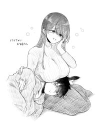1boy 1girl :t absurdres breasts greyscale hand_on_own_cheek hand_on_own_face highres lap_pillow large_breasts long_hair monochrome onee-san_(pensis_x) original pensis_x ribbed_sweater shoes short_hair skirt smile sweater