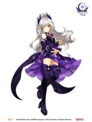 1girl back_bow bare_shoulders black_bow black_dress black_shorts black_sleeves blunt_bangs boots bow bowtie closed_mouth collared_dress company_name copyright_name copyright_notice detached_sleeves dot_nose dress elsword eve_(elsword) expressionless feather_hair_ornament feathers floating_hair footwear_bow frilled_dress frilled_sleeves frills full_body game_cg gradient_boots gradient_clothes gradient_dress gradient_sleeves grey_hair hair_ornament high_collar high_heel_boots high_heels hwansang logo long_hair long_sleeves magical_girl marking_on_cheek official_alternate_costume official_art orange_eyes outstretched_hand pink_bow pink_bowtie ponytail purple_dress purple_sleeves second-party_source shorts shorts_under_dress sleeveless sleeveless_dress solo sparkle standing tachi-e thigh_boots transparent_background tsurime very_long_hair wavy_hair