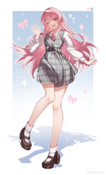 1girl absurdres bang_dream! bang_dream!_it&#039;s_mygo!!!!! brown_shoes chihaya_anon chinese_commentary color_guide commentary_request dress full_body grey_background grey_dress grey_eyes highres kanvien long_hair long_sleeves looking_at_viewer one_eye_closed open_mouth pinafore_dress pink_hair plaid_clothes plaid_dress shadow shirt shoes sleeveless sleeveless_dress socks solo teeth upper_teeth_only white_shirt white_socks