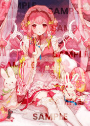 1girl :o absurdres apron bare_shoulders bedroom blanket bow bow_legwear cherry_blossom_print chinese_commentary commentary_request commission cowboy_shot detached_sleeves dot_nose double_bun dress expressionless eyelashes floral_print flower frilled_apron frilled_dress frilled_headwear frilled_sleeves frills gradient_sleeves hair_bow hair_bun hair_ribbon hat hat_flower heart heart-shaped_pillow highres holding indoors japanese_clothes kamu_(poulro) kimono kimono_dress light_blush lolita_fashion long_sleeves mob_cap neck_ribbon object_request on_bed open_mouth original pillow pink_bow pink_flower pink_hair pink_hat pink_kimono pink_sleeves pink_theme red_eyes red_ribbon ribbon sample_watermark short_dress short_hair sitting sleeve_bow sleeveless sleeveless_dress solo stuffed_animal stuffed_rabbit stuffed_toy thighhighs too_many_watermarks wa_lolita waist_bow watermark watermark_grid white_apron white_sleeves white_thighhighs wide_sleeves yellow_bow