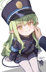 1girl 1other absurdres black_hat black_jacket black_skirt blue_archive buttons cheek_pinching commentary demon_tail double-breasted from_above fuzake_neko green_halo grey_hair halo hat highres hikari_(blue_archive) jacket long_hair long_sleeves looking_at_viewer pantyhose peaked_cap pinching pleated_skirt pointy_ears signature sitting skirt tail white_background white_pantyhose yellow_eyes