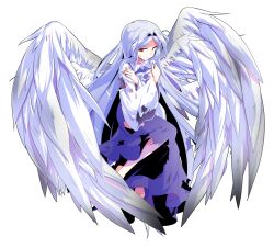 1girl alphes_(style) angel_wings arms_across_body barefoot blue_dress blue_hair closed_mouth collared_shirt commentary_request dairi dress feathered_wings full_body genderswap genderswap_(otf) hair_intakes hands_on_own_shoulders highres large_variant_set long_dress long_hair long_sleeves looking_at_viewer multiple_wings parody red_eyes sariel_(touhou) self_hug seraph shirt simple_background solo style_parody sweatdrop tachi-e torn_clothes torn_dress touhou touhou_(pc-98) transparent_background variant_set very_long_hair white_shirt white_wings wide_sleeves wings