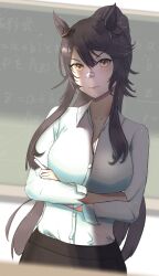 1girl animal_ears bandaid bandaid_on_face bandaid_on_nose black_hair black_skirt breasts chalk closed_mouth collared_shirt commentary_request cowboy_shot crossed_arms dress_shirt ear_ornament hair_between_eyes highres holding holding_chalk horse_ears horse_girl horse_tail indoors large_breasts long_hair long_sleeves narita_brian_(umamusume) orusun pleated_skirt ponytail shirt sidelocks skirt smile solo tail teacher umamusume very_long_hair white_shirt yellow_eyes