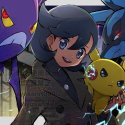1girl ayo_(ayosanri009) black_eyes black_fur black_hair blue_fur body_fur brown_coat coat crobat electricity emma_(pokemon) gen_1_pokemon gen_2_pokemon gen_4_pokemon lucario mega_lucario mega_pokemon multicolored_fur nintendo pikachu pokemon pokemon_legends:_z-a short_hair signature solo_focus too_many_watermarks upper_body watermark yellow_fur