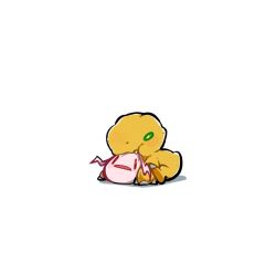 Rule 34 | agumon, biting, chibi, digimon, digimon (creature), evolutionary line, green eyes, koromon, no humans, red eyes, reptile, simple background, white background, youzaiyouzai112