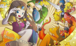 00s 1990s_(style) 2girls 3boys alternate_costume blonde_hair blue_eyes blue_hair bob-omb bomb brown_hair charizard copyright_name crossover dress explosive fire fire_emblem fire_emblem:_mystery_of_the_emblem gen_1_pokemon gen_3_pokemon gen_4_pokemon hat heart holding holding_poke_ball holding_sword holding_weapon hylian_shield jirachi kirby kirby_(series) legendary_pokemon link mario_(series) marth_(fire_emblem) multiple_boys multiple_girls mythical_pokemon nago_celica nagocelica nintendo pikachu piplup poke_ball poke_ball_(basic) pokemon pokemon_(creature) pokemon_frlg pokemon_rgby princess princess_peach princess_zelda red_(pokemon) red_(pokemon_frlg) retro_artstyle shield sparkle speech_bubble star_(symbol) star_rod staryu super_smash_bros. super_star super_star_(mario) sword the_legend_of_zelda the_legend_of_zelda:_skyward_sword the_legend_of_zelda:_twilight_princess thought_bubble weapon |_|