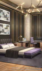 Rule 34 | bed, bedroom, bench, binder, blanket, book, brick wall, computer, copyright notice, desk, desk lamp, drawer, folder, hanging light, highres, idols of starlight, indoors, lamp, laptop, nightstand, no humans, official art, ono tomohiro, painting (object), pillow, rug, scenery, swivel chair, wooden floor