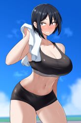Rule 34 | 1girl, absurdres, altronage, bare shoulders, black hair, black sports bra, blue sky, blurry, blurry background, breasts, cleavage, cloud, cloudy sky, collarbone, commission, cowboy shot, day, depth of field, drying, hair between eyes, highres, hitomi-chan wa hitomishiri, holding, holding towel, large breasts, looking at viewer, navel, outdoors, purple eyes, sharp teeth, short hair, shorts, sky, solo, sports bra, standing, sweat, takano hitomi, teeth, towel, towel around neck