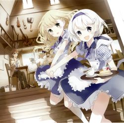 1boy 2girls :d acoustic_guitar apron blonde_hair blue_eyes blush cake cake_slice cello coffee food fruit guitar hairband harp highres holding_hands instrument kneehighs long_hair multiple_girls open_mouth original scan short_hair sitting smile socks strawberry strawberry_cream_filling tiv tray violin waitress white_hair white_legwear yellow_eyes