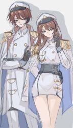 1boy 1girl absurdres black_gloves captain_(honkai_impact) chinese_commentary closed_mouth coat collared_cape commentary_request crossed_arms dress dual_persona formal_clothes genderswap genderswap_(mtf) gloves grey_background hair_between_eyes hat head_tilt headset highres honkai_(series) honkai_impact_3rd light_smile long_hair long_sleeves looking_at_viewer looking_to_the_side open_mouth pants red_eyes red_hair shade shadow short_hair skirt standing suit thighs white_coat white_dress white_pants white_suit youzhabingkuai57294