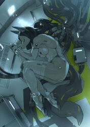 1girl android animal_ears animal_nose black_hair boots breasts cable clenched_hands closed_eyes closed_mouth commentary denchou dog_ears dog_girl dog_tail elbow_gloves english_commentary from_side furry furry_female gloves highleg highleg_leotard highres leotard long_hair lying mechabare on_floor on_side original profile science_fiction sleeping solo tail thigh_boots wire