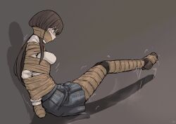 Rule 34 | 1girl, arms behind back, bdsm, bondage, bound, gag, gagged, grafhou, hasekura reiri, highres, improvised gag, solo, struggling, sweatdrop, tape, tape bondage, tape gag, taped arms, taped fingers, taped hands, taped legs, toaru kagaku no railgun, toaru majutsu no index
