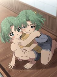 2girls :3 aru_aru barefoot blurry blurry_background blush child closed_mouth dated denim denim_shorts denim_skirt green_eyes green_hair hashtag-only_commentary highres higurashi_no_naku_koro_ni hug hug_from_behind indoors kneeling looking_at_viewer miniskirt multiple_girls shirt shorts siblings sisters skirt smile sonozaki_mion sonozaki_shion squatting tank_top twins white_tank_top yellow_shirt