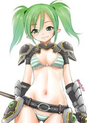 1girl armor belt bikini bikini_day black_gloves blue_bikini blush breasts closed_mouth contrapposto copyright_request cowboy_shot ebifly fang fang_out faulds female_focus gauntlets gloves gluteal_fold gorget green_eyes green_hair hair_between_eyes holding holding_weapon looking_at_viewer medium_breasts navel pauldrons pointy_ears short_hair shoulder_armor simple_background smile solo standing striped_bikini striped_clothes swimsuit twintails weapon white_background