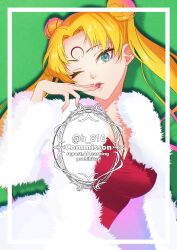 1girl bishoujo_senshi_sailor_moon bishoujo_senshi_sailor_moon_r black_lady_(sailor_moon) black_lady_(sailor_moon)_(cosplay) blonde_hair blue_eyes bracelet breasts cleavage coat corruption cosplay crescent crescent_facial_mark dark_persona double_bun dress earrings facial_mark forehead_mark fur-trimmed_coat fur_trim hair_bun highres jewelry lips lipstick long_hair looking_at_viewer makeup one_eye_closed red_dress red_lips solo tsukino_usagi twintails vuipui white_coat