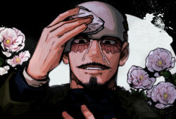 1boy black_background facial_hair flower full_moon goatee golden_kamuy grmms_otk long_sleeves looking_at_viewer male_focus moon mustache parted_lips scar scar_on_face short_hair solo splatter tsurumi_tokushirou white_flower wiping_forehead