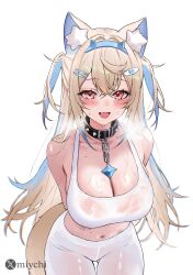 1girl absurdres animal_ear_fluff animal_ears arms_behind_back bandaid bandaid_hair_ornament black_collar blonde_hair blue_hair blue_hairband breasts breath collar commentary commentary_request cowboy_shot crossed_bangs dog_ears dog_girl dog_tail double-parted_bangs english_commentary extra_ears fang fuwawa_abyssgard hair_between_eyes hair_ornament hairband hairclip highres hololive hololive_english horn_hairband large_breasts long_hair looking_at_viewer mixed-language_commentary miychi multicolored_hair navel open_mouth pants pink_eyes simple_background skin_fang solo spiked_collar spikes sports_bra streaked_hair tail two_side_up very_long_hair virtual_youtuber white_background white_pants white_sports_bra yoga_pants