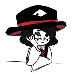 1other androgynous animated animated_gif black_eyes black_hair black_hat black_vest blinking closed_mouth colored_skin enraku_tsubakura eye_on_hat hand_on_own_face hat kraidasdsfasa large_hat leaning_on_table len&#039;en long_sleeves red_ribbon ribbon thick_eyelashes third-party_source top_hat vest white_background white_skin white_sleeves