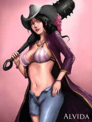 Rule 34 | 1girl, alvida (one piece), bikini, bikini top only, black hair, blue pants, bracelet, character name, club, club (weapon), commentary request, cowboy hat, denim, hat, hat feather, holding, holding weapon, jeans, jewelry, kanabou, long hair, long sleeves, midriff, navel, necklace, one piece, open mouth, pants, pearl necklace, phamoz, pink background, simple background, solo, swimsuit, teeth, torn clothes, torn jeans, torn pants, weapon, white hat