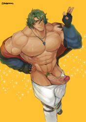 1boy abs alternate_pectoral_size bara dark-skinned_male dark_skin erection foot_out_of_frame green_hair highres jacket jewelry joe_(sk8) large_pectorals large_penis looking_at_viewer male_focus male_pubic_hair male_underwear medium_hair muscular muscular_male navel navel_hair necklace nipples open_clothes open_jacket pants pectorals penis pubic_hair red_male_underwear robokeh sk8_the_infinity solo stomach uncensored v white_pants