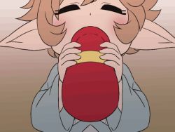 1girl animated animated_gif blush brown_hair closed_eyes drinking female_focus gokkun gradient_background granblue_fantasy harvin pointy_ears samon_shiu sierokarte solo