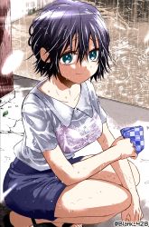 1girl absurdres aqua_eyes artist_name black_hair blank_428_(cvyn7278) bra crack handkerchief highres kakkou_no_iinazuke light_smile messy_hair rain ripples see-through_clothes see-through_shirt segawa_hiro shirt short_hair short_sleeves shorts squatting underwear wet white_shirt