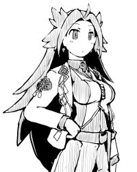 1girl blazer breasts commentary_request cowboy_shot greyscale jacket jun&#039;you_(kancolle) kantai_collection long_hair magatama medium_breasts monochrome no_nose pants simple_background solo spiked_hair standing task_(s_task80)