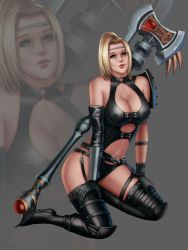 Rule 34 | 1girl, audia pahlevi, axe, blonde hair, boots, breasts, circlet, cleavage, female focus, gloves, high heel boots, high heels, highres, kneeling, looking at viewer, ninja gaiden, rachel (ninja gaiden), solo, tecmo, thighhighs, weapon