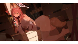 1girl absurdres anal_beads anal_tail animal_collar animal_ear_fluff bdsm bilibili_88142758 blue_archive blush bodypaint breasts butt_plug claw_pose collar commentary_request completely_nude fake_tail false_clothes fang fingernails from_side green_eyes hair_between_eyes halo hanako_(blue_archive) highres kemonomimi_mode large_breasts leash letterboxed long_fingernails long_hair looking_at_viewer naked_paint navel nipples nude open_mouth pet_play pink_hair pink_halo red_collar sex_toy slave smile solo sparkle tail thighhighs white_thighhighs