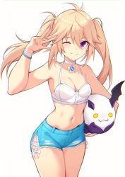 1girl absurdres aisha_landar blonde_hair blue_shorts bra bracelet breasts choker commentary commission cowboy_shot cross-laced_slit elsword english_commentary highres jewelry jo_an leaning_forward linea_alba long_hair looking_at_viewer medium_breasts navel one_eye_closed pixiv_commission purple_eyes short_shorts shorts smile solo twintails underwear w white_bra white_choker