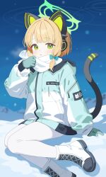 1girl absurdres ai-assisted animal_ear_headphones animal_ears aqua_coat aqua_gloves arm_support blonde_hair blue_archive blue_bow boots bow breath cat_ear_headphones cat_tail clenched_hand coat dot_nose fake_animal_ears fake_tail full_body gloves green_eyes green_halo hair_bow halo hand_up headphones highres hood hood_down hooded_coat knight1208 lace-up_boots light_blush long_sleeves looking_at_viewer low-tied_sidelocks medium_hair midori_(blue_archive) mountain multicolored_coat night night_sky official_alternate_costume on_ground open_mouth outdoors pantyhose print_scarf puffy_long_sleeves puffy_sleeves scarf scarf_bow sidelocks sitting sky snow snowing solo tail tail_raised text_print white_boots white_pantyhose white_scarf winter winter_clothes winter_coat zipper zipper_pull_tab