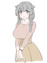 1girl alternate_costume black_hair braid brown_shirt brown_skirt hair_flaps hair_ornament jingei_(kancolle) kantai_collection long_hair red_eyes shirt simple_background skirt smile solo tamu_(mad_works) twin_braids whale_hair_ornament white_background