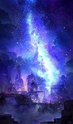 Rule 34 | arch, architecture, bridge, building, castle, city, city lights, cityscape, cloud, cloudy sky, floating city, fog, galaxy, gothic architecture, highres, kurasuta, landscape, neon palette, original, palace, scenery, sky, skyline, skyscraper, spire, star (sky), star (symbol), starry sky, starry sky background, tower