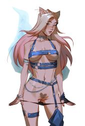 Rule 34 | 1girl, absurdres, ahri (league of legends), animal ears, belt bra, black panties, blonde hair, blue eyes, blush, breasts, closed mouth, collar, cowboy shot, facial mark, fox ears, gradient hair, heart-shaped pubic hair, highres, k/da all out ahri, league of legends, long hair, multicolored hair, navel piercing, panties, panty pull, piercing, pink hair, pink lips, pubic hair, pulling own clothes, pussy, shaped pubic hair, sideways glance, simple background, solo, standing, straight hair, thigh strap, treslech3s, underboob, underwear, whisker markings, white background