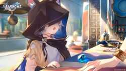 1girl aged_down animal_ear_fluff animal_ears artist_request black_hood blurry blurry_background bracelet cat_ears cat_girl cipher_(honkai:_star_rail) copyright_notice ears_through_hood fang gem gold_bracelet grey_eyes grey_hair highres honkai:_star_rail honkai_(series) hood_over_eyes jewelry logo official_art open_mouth skin_fang yellow_nails